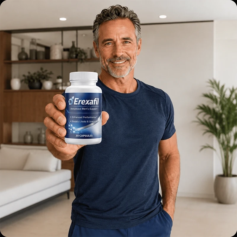 Man holding Erexafil advanced men's support bottle